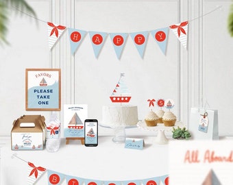 Nautical Birthday Party Kit Printable | Sailboat Theme (Canva Template)