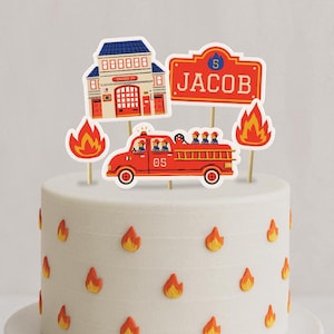 Firetruck Cake Topper Printable | DIY Fire Fighter Cake Topper | Custom Firemen Birthday Party Cake Decor Centerpiece | Fire Station