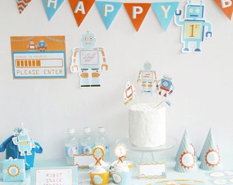 Robot Party Kit Printables | Robot Decor Set | DIY Robot birthday party for boys and girls | Orange Blue Theme Colors Retro Robot | DIGITAL