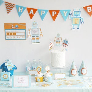 Robot Party Kit Printables Robot Decor Set DIY Robot birthday party for boys and girls Orange Blue Theme Colors Retro Robot DIGITAL image 1