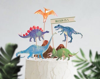 Dinosaurs Cake Topper Printable | DIY Personalized Kids Cake Topper | Custom Dinosaur Birthday Party Cake Decor Centerpiece | Editable PDF