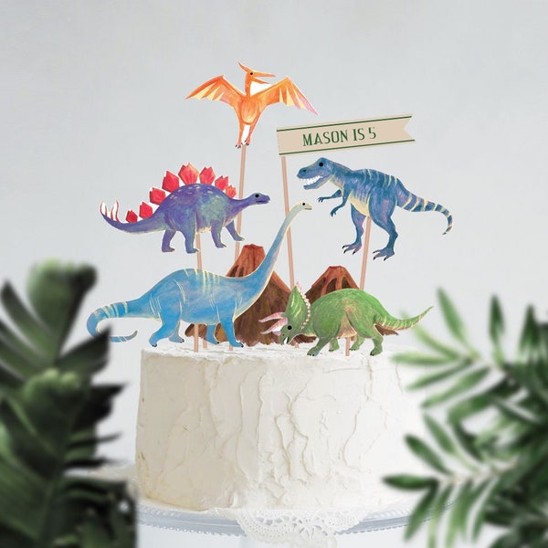 Dinosaurs Cake Topper Printable | DIY Personalized Kids Cake Topper | Custom Dinosaur Birthday Party Cake Decor Centerpiece | Editable PDF