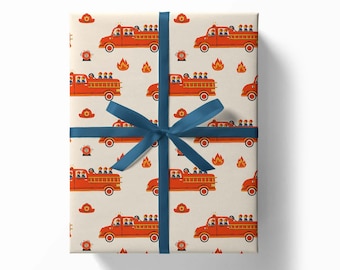 Firetruck Gift Wrap | Firefighter Wrapping Paper | Emergency Vehicle First Responder Red Fire Engine Paper | Girls Boys Present
