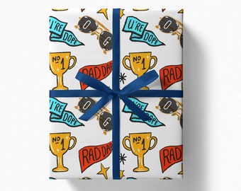 Top Dad Wrapping Paper | Father's Day Gift Wrap Cool Dad No 1 Dad Trophy Rad Dad Classic Aviator Dope Dad Illustration Retro Modern Pattern