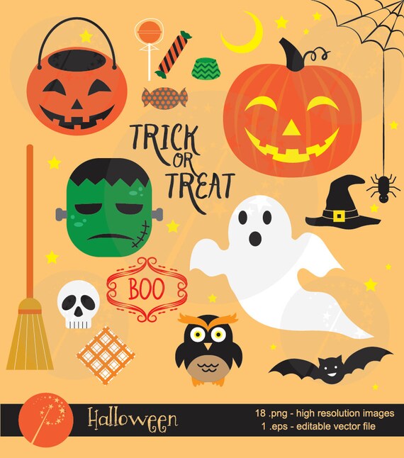 Halloween clipart - Trick or Treat? Cliparts of Frankenstein, ghost, pumpkin, owl, witch hat. Perfect for card design, scrapbook, invitation Il_570xn