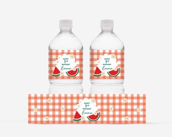 Watermelon Party Bottle Labels Printable | Editable Gingham Wrappers (Canva)