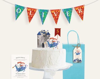 Knight and Dragon Party Kit Printable Bundle | DIY Medieval Knight Party Decor Set | Fantasy Dragon Kingdom Birthday Party | Canva Templates