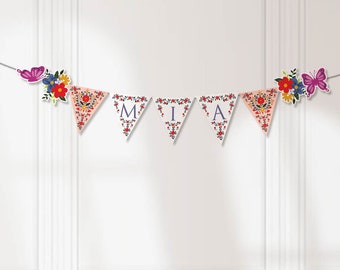 Floral Fiesta Garland Printable | Editable Bunting | DIY Pennant Banners | Colombian Mexican Party Decor | Girl Birthday | Flower Butterfly