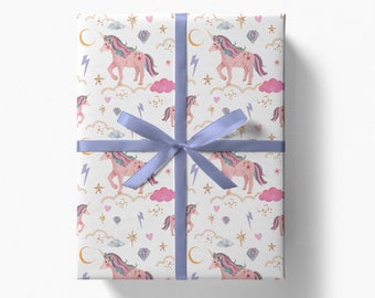 Unicorn Wrapping Paper | Illustrated Magical Dreamy Unicorn Gift Wrap | Cute and Sweet Gift Wrappers | Pastel Pink Present Wraps Pattern