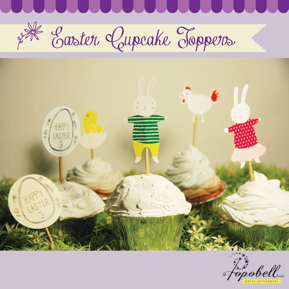 Easter Cupcake Toppers with 6 designs. Two bunnies, chicken, hatched egg, & easter greeting. INSTANT DOWNLOAD printable designs. Whimsical. Il_570xn