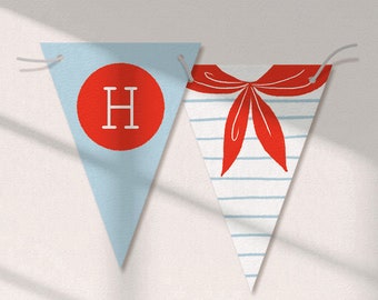 Nautical Banner Printable | Sailor Collar Happy Birthday Banner Nautical Bunting Navy Sea Sail Ship Boat Party Flag | Canva Template 0001