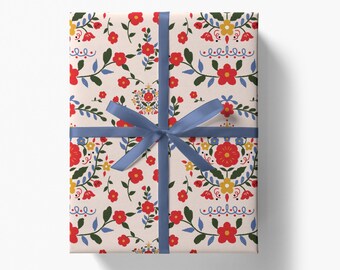 Floral Fiesta Wrapping Paper | Illustrated Embroidery Flower Gift Wrap | Boho Chic Modern Gift Wrappers | Mexican Colombian Spanish Pattern