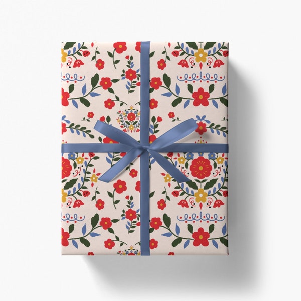 Floral Fiesta Wrapping Paper | Illustrated Embroidery Flower Gift Wrap | Boho Chic Modern Gift Wrappers | Mexican Colombian Spanish Pattern