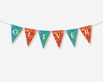 Knight and Dragon Pennant Banner Printable | Watercolor Dragon Scales and Fiery Magic Bunting | Fantasy Medieval Birthday | Canva Template