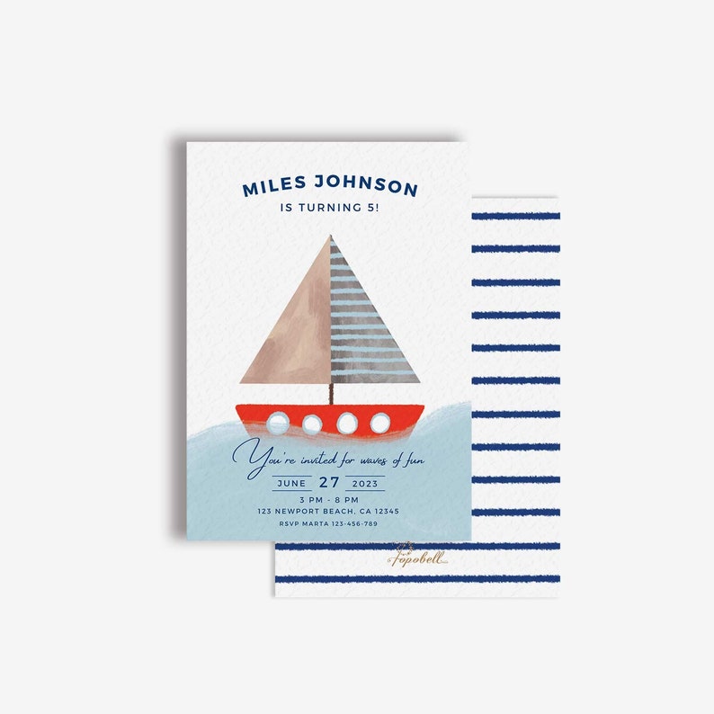 Nautical Invitation Printable 5x7 Boat Invite Navy Blue Stripes Sailor Invite Nautical Baby Shower Birthday Party Card Canva Template 0001 image 1