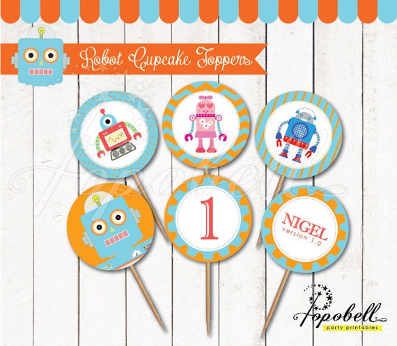 Robot Cupcake Toppers for robot birthday party. Personalized Robot Circles printable. 2 inches robot party circles. 6 designs! DIGITAL PDF. Il_570xn