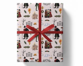 A Christmas Carol Wrapping Paper | Charles Dickens Christmas Scrooge Illustrated Gift Wrap Artisan storybook Christmas Gift Wrapper | Beige