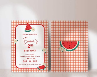 Watermelon Invitation Printable | Fruity Summer Birthday Invite | Plaid Daisy Watermelon Party | Sweet One | One in a melon | Canva Template