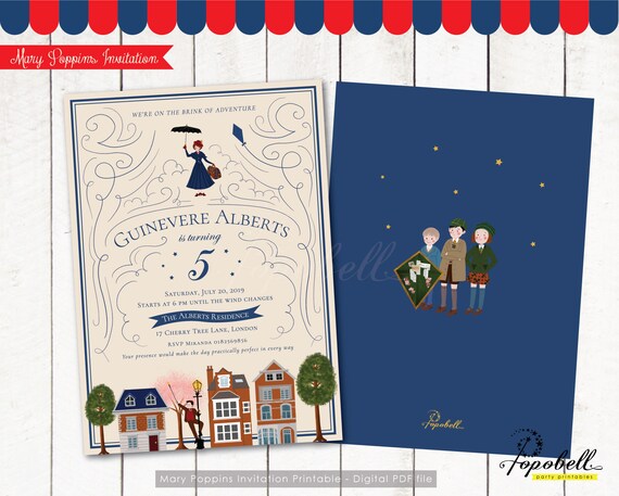 Mary Poppins Invitation Printable. Mary Poppins birthday. Girl Party. Doublesided Mary Poppins Printable. DIGITAL PDF Il_570xn