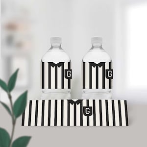 May include: Two clear plastic water bottles with black and white striped labels that say "MG" on them. A third label with the same design is shown below the bottles.