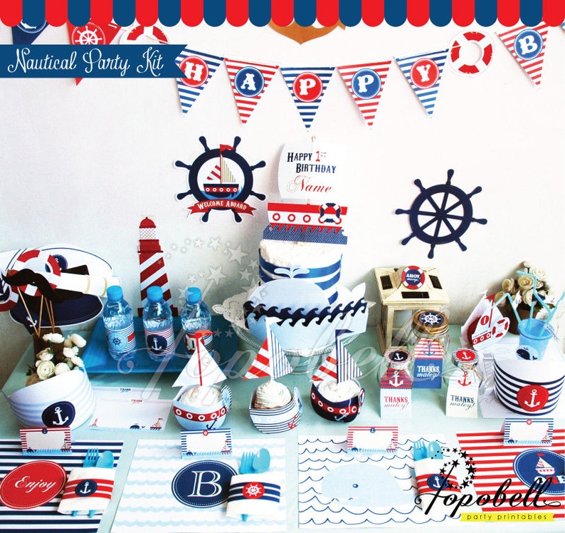 Nautical Party Kit Digital printables. Complete Set Party Printables. DIY Nautical birthday party template. Nautical Baby Shower Printables image 3