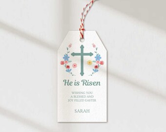 Biblical Easter Tags Printable • DIY Christian Tags • Cross Easter He is Risen Verse Tag • Kids Bible Study Favor Tags • Canva Template
