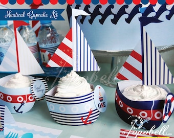 Nautical Cupcake Kit Printable | DIY Nautical Birthday Party Cupcake Decor in 3 designs | Personalized Party circles tags | Boat Sail | PDF