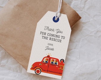 Firetruck Favor Tags | Editable Firefighter Printable | DIY Firemen Thank You Tags | Red Fire Engine Tags | Boy Girl Birthday | Canva