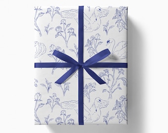 Swan Lake Gift Wrap Paper | Elegant Fine Line Wrapping Papers | Floral Mother's Day Pattern | White Blue Classic Elegant Mom Gift wrapper