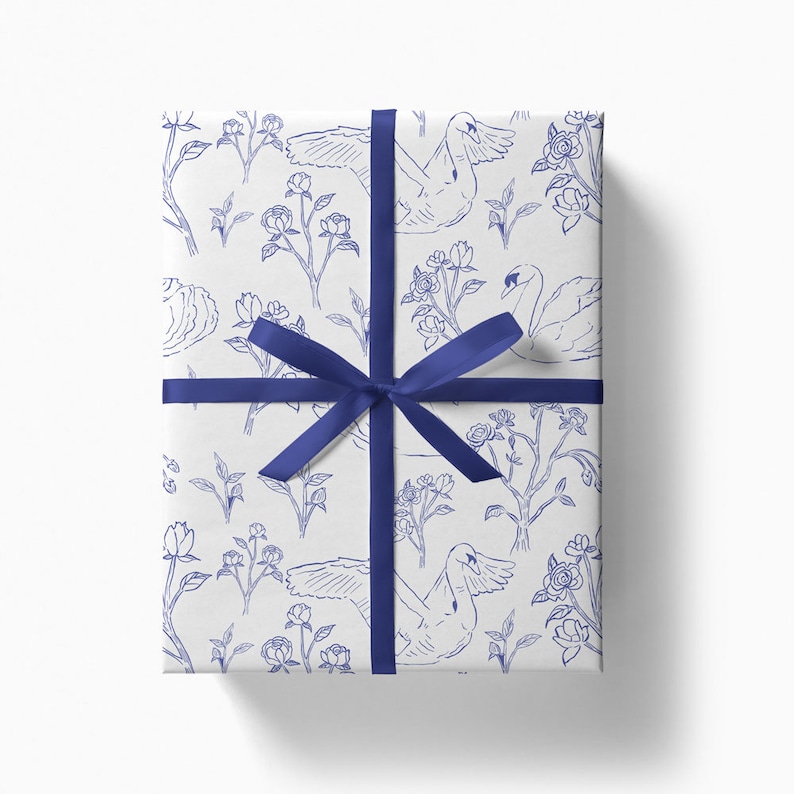 Swan Lake Gift Wrap Paper Elegant Fine Line Wrapping Papers Floral Mother's Day Pattern White Blue Classic Elegant Mom Gift wrapper image 1