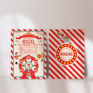 Puede incluir: Una invitación de cumpleaños de temática circense a rayas rojas y blancas para un niño llamado Nigel que cumple dos años. La invitación presenta una imagen de dibujos animados de una noria con un león, un maestro de ceremonias y un payaso. El texto de la invitación dice: "¡Venid todos al magnífico Nigel que cumple dos años! Jueves 04 de septiembre Jakarta 11310 14:00. El Gran Circo 11:00. RSVP a mamá al 0812-890-82-822."