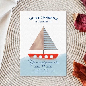 Nautical Invitation Printable 5x7 Boat Invite Navy Blue Stripes Sailor Invite Nautical Baby Shower Birthday Party Card Canva Template 0001 image 3