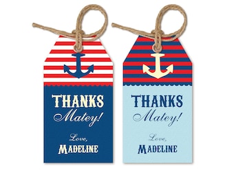 Nautical Favor Tags Printable | DIY Nautical Birthday Party Thank You Tags | Minimalist | Sailor Navy Boat Anchor Captain | Blue Red Stripes