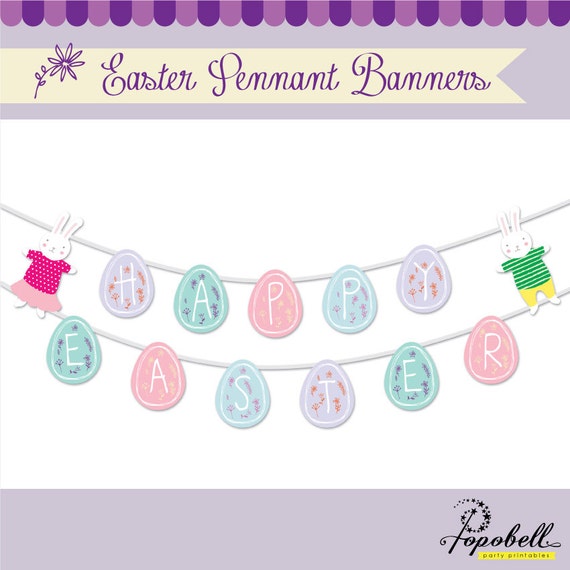 Easter Pennant Banners with cute Easter Bunnies & Eggs for Easter Party. INSTANT DOWNLOAD printable designs. Vintage and whimsical look. Il_570xn
