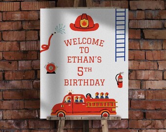 Firetruck Welcome Sign Printable | Firefighter Birthday Sign Template | Fire Station Custom Sign | Red Fire Engine Boy Party Sign | Canva