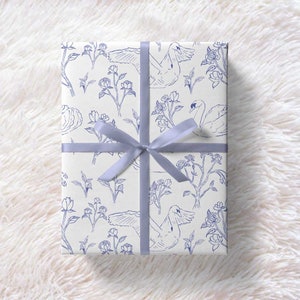 Swan Lake Gift Wrap Paper Elegant Fine Line Wrapping Papers Floral Mother's Day Pattern White Blue Classic Elegant Mom Gift wrapper image 2