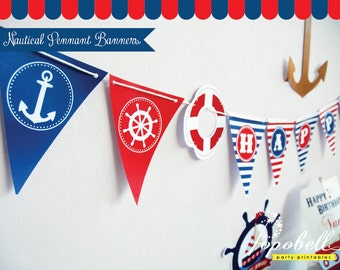 Maritime Wimpelkette | Personalisierte Geburtstags-Girlande aus Papier Maritime Geburtstagsfeier | Maritime Wimpelkette Printable | Marine-Rot | PDF-Datei