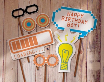 Robot Props Printable | DIY Robot Photobooth Props | Robot Birthday Party Photo Props | Retro Loading Bar Gear Light bulb | Boy Girl Party