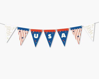 Wimpelkette Girlande Girlande Girlande Unabhängigkeitstag Wimpelkette | Bearbeitbar Vierte Juli Flagge Printable | DIY Vateristische Wimpelkette | Rot Weiß Blau