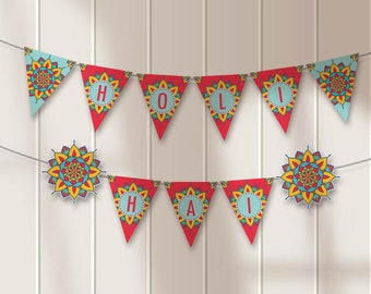 Holi Hai Bunting | Holi Pennant Banners Printable | Happy Holi Bunting | Holi Wall Decor | Hindu Ethnic Mandala Party | Instant Download