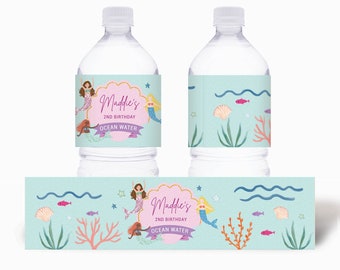 Editable Mermaid Bottle Wrappers Printable, Mermaid Drink Labels, Ocean Water Bottle Labels, Mermaid Birthday Party, Mermaid Friends, Canva