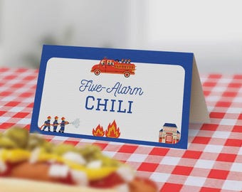 Firetruck Food Tent Printable | DIY Firefighter Buffet Labels | Fire Station Place Card | First Responder Party Decor | Firemen | Canva