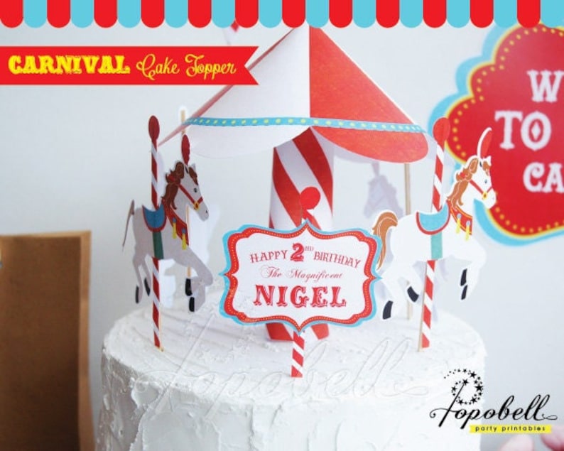 Circus Cake Topper Printable Circus Birthday Party Carousel Cake Toppers DIY Cake Decor DIY Circus Carnival Centerpiece Beige Red image 1