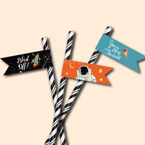 May include: Three black and white striped paper straws with flags attached. The flags are decorated with space-themed designs, including a rocket, astronaut, stars, and the text "Blast Off!" and "You're Out of This World".