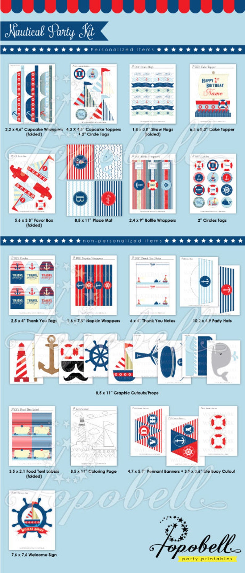 Nautical Party Kit Digital printables. Complete Set Party Printables. DIY Nautical birthday party template. Nautical Baby Shower Printables image 5