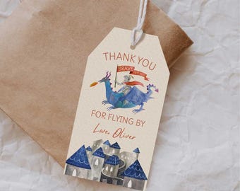 Knight and Dragon Favor Tags Printable | Dragon Birthday Party Thank You Tags | Medieval Castle Party Favor Tags | Brave Knight Dragon Party
