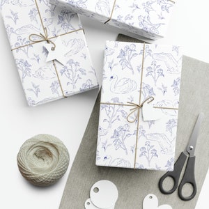 Swan Lake Gift Wrap Paper Elegant Fine Line Wrapping Papers Floral Mother's Day Pattern White Blue Classic Elegant Mom Gift wrapper image 3