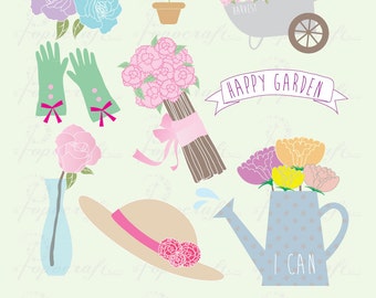 Gardening Clipart | Garden Floral Illustration | Plant Lady Digital Stickers | Flowers Gardener Tools Watering Can Straw Hat | PNG EPS Files