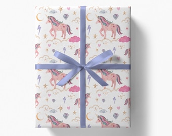 Papel de regalo de unicornio / Papel de regalo de unicornio rosa para cumpleaños de niñas / Papel de regalo mágico pastel para niños / Papel para fiesta de baby shower