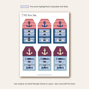 May include: Printable DIY favour tags with a nautical theme. The tags feature red, white and blue stripes, an anchor, and the text "Thanks Matey!" and "[Name]" in a blue and white font.